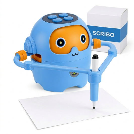 Robot Scribo azul con cara naranja dibujando sobre papel, junto a su caja